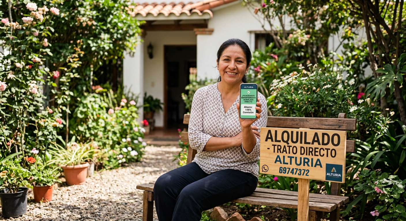 Una propietaria sonríe en su jardín con su teléfono, junto a un cartel de alquilado
